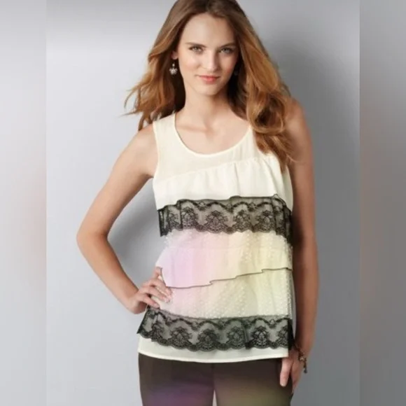 LOFT Tops Loft Cream And Black Tiered Lace Tank Top Nwot M